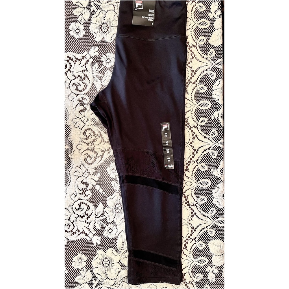 NEW - FILA SPORT High Rise Fitted Black Capri with Lace Cutouts (Medium)